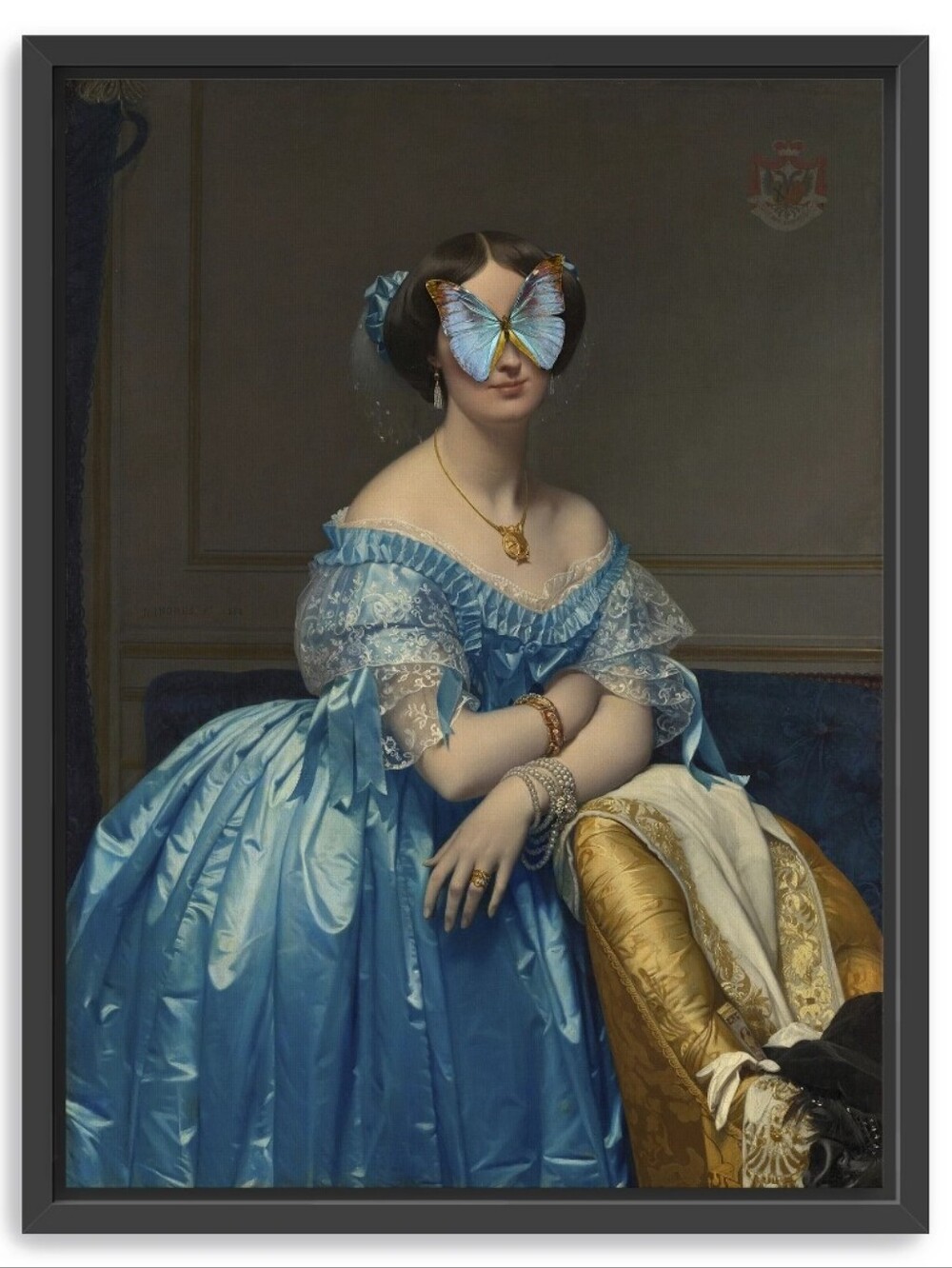 LumaGallerie Madame Butterfly Blue Dress Framed Wall Decor